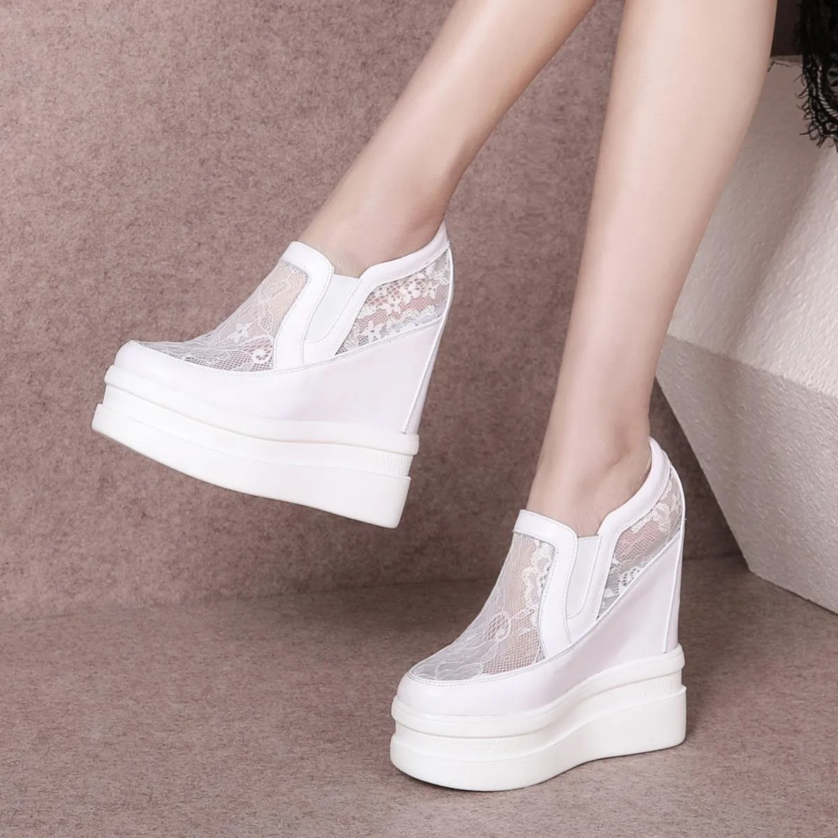 Stivaletti in pizzo a rete estiva di grandi dimensioni Nero Bianco Donna Punta tonda chiusa Scarpe con suola spessa Zeppe casual
