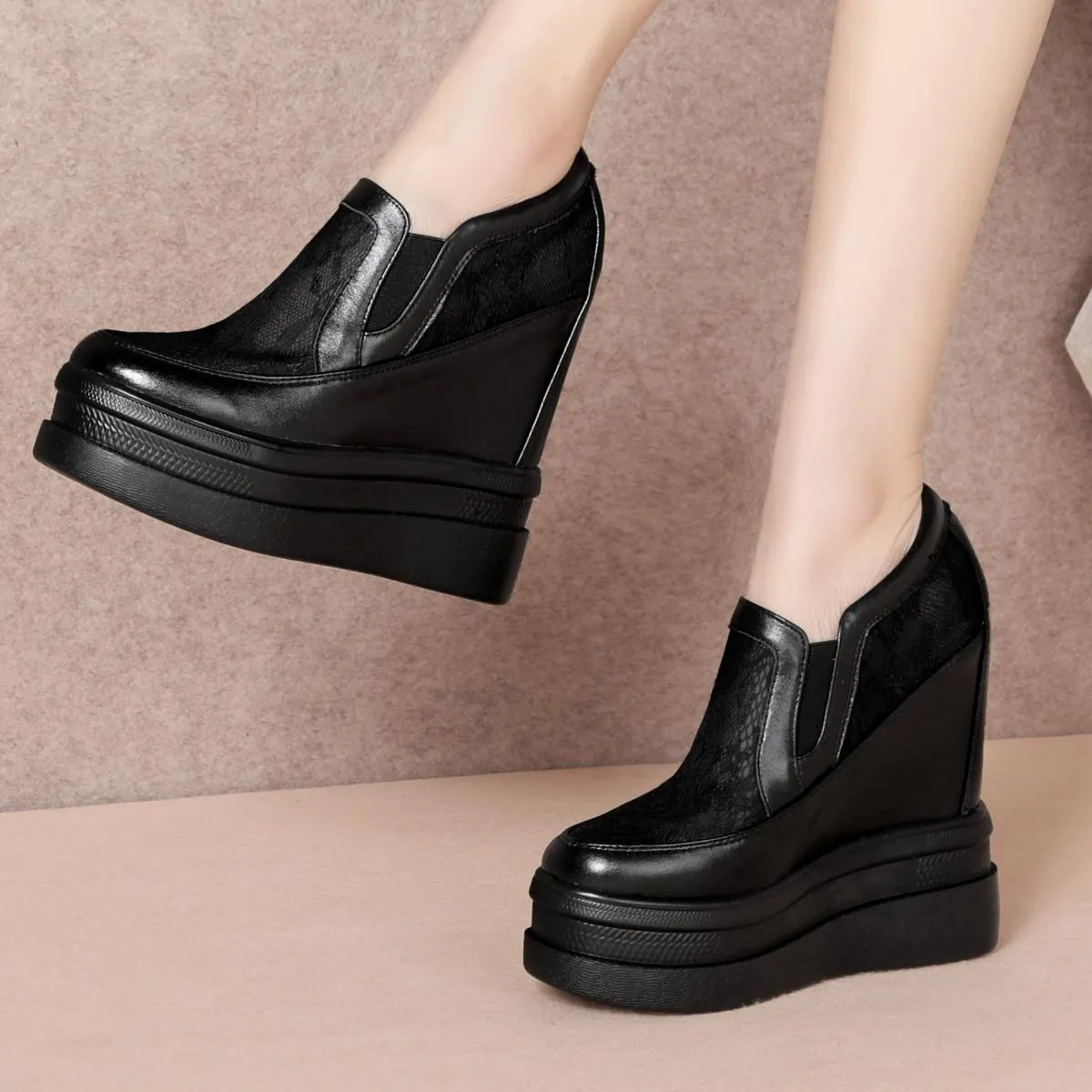 Stivaletti in pizzo a rete estiva di grandi dimensioni Nero Bianco Donna Punta tonda chiusa Scarpe con suola spessa Zeppe casual