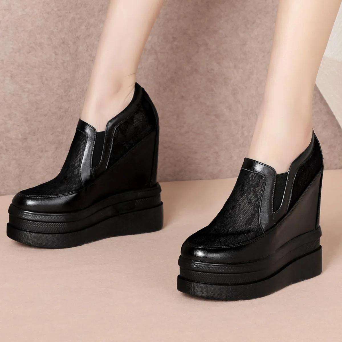 Stivaletti in pizzo a rete estiva di grandi dimensioni Nero Bianco Donna Punta tonda chiusa Scarpe con suola spessa Zeppe casual