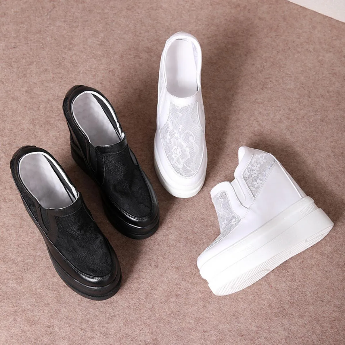 Stivaletti in pizzo a rete estiva di grandi dimensioni Nero Bianco Donna Punta tonda chiusa Scarpe con suola spessa Zeppe casual