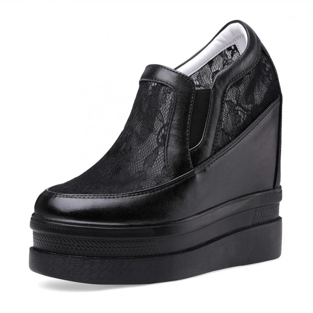 Stivaletti in pizzo a rete estiva di grandi dimensioni Nero Bianco Donna Punta tonda chiusa Scarpe con suola spessa Zeppe casual