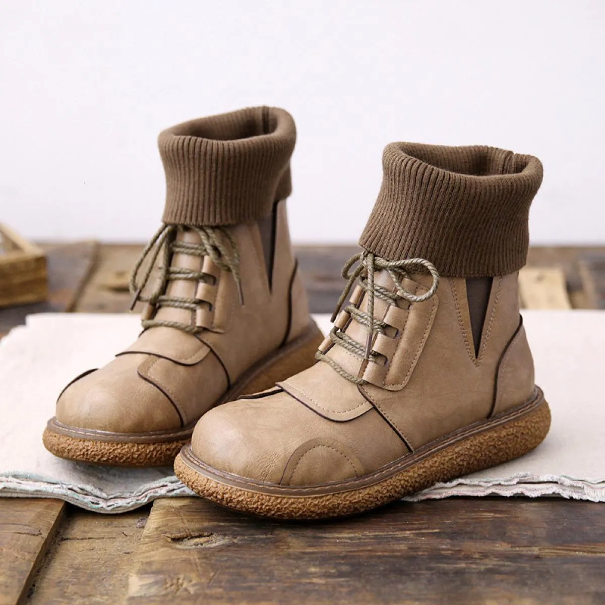 Stivali da donna retrò Focaccina con fondo spesso Stivali da donna Mori Scarpe casual letterarie Stivaletti con bocca di lana Te