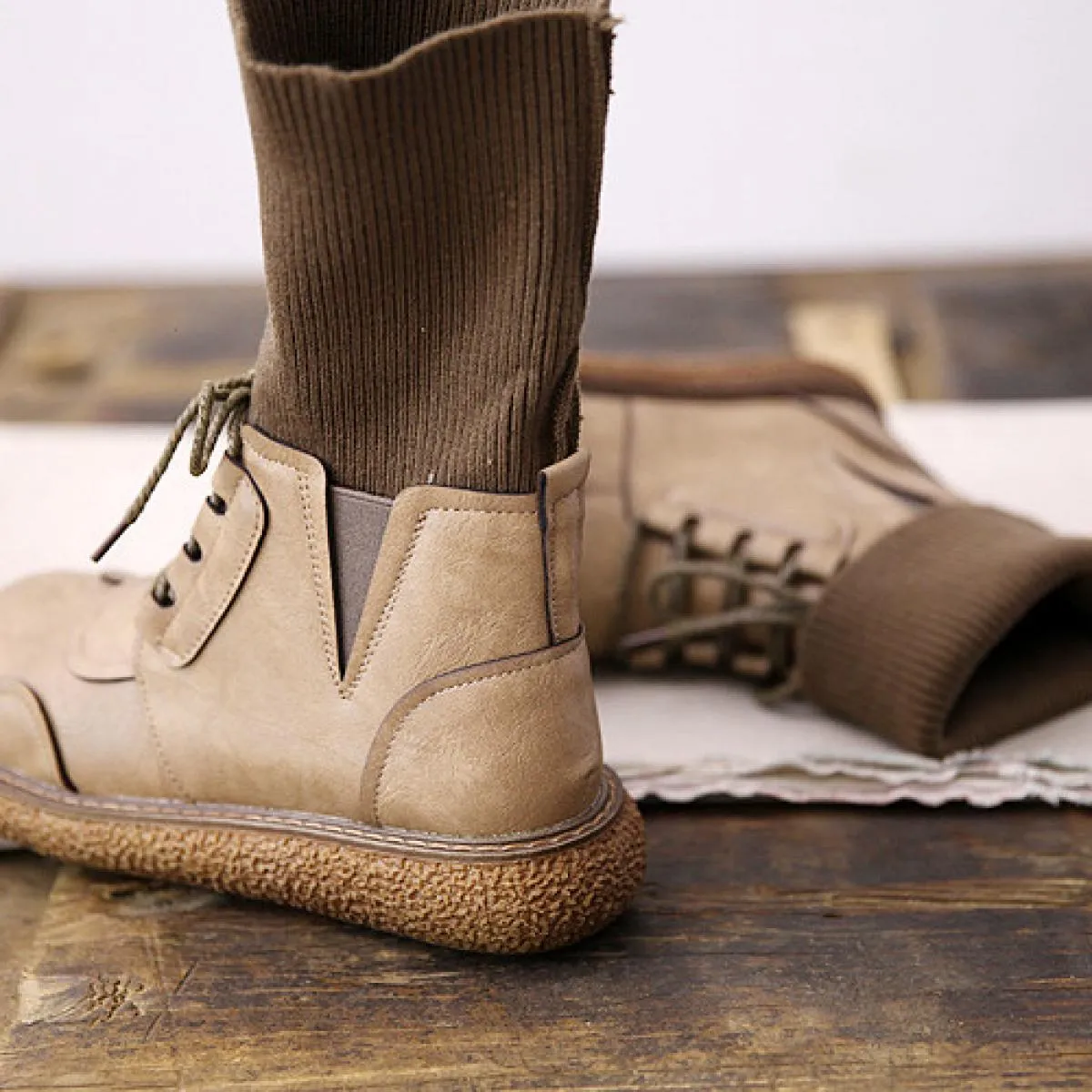 Stivali da donna retrò Focaccina con fondo spesso Stivali da donna Mori Scarpe casual letterarie Stivaletti con bocca di lana Te