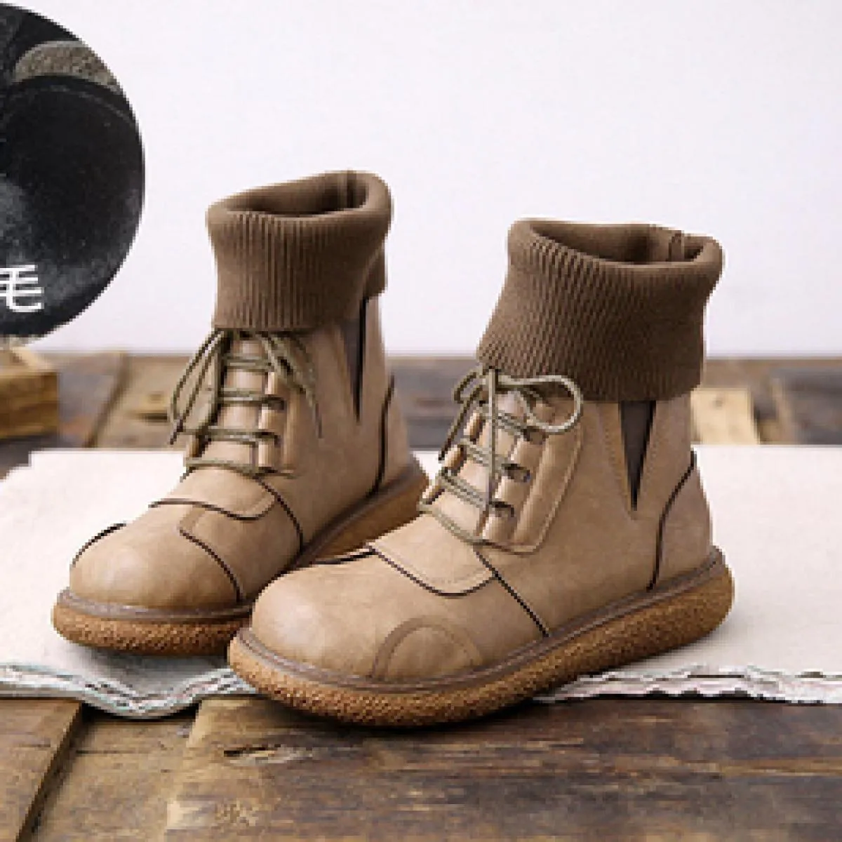 Stivali da donna retrò Focaccina con fondo spesso Stivali da donna Mori Scarpe casual letterarie Stivaletti con bocca di lana Te