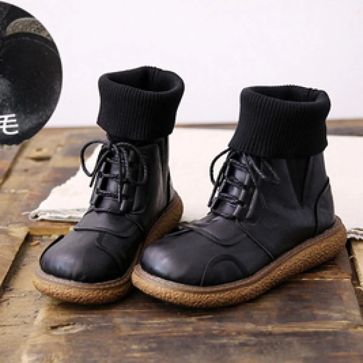 Stivali da donna retrò Focaccina con fondo spesso Stivali da donna Mori Scarpe casual letterarie Stivaletti con bocca di lana Te