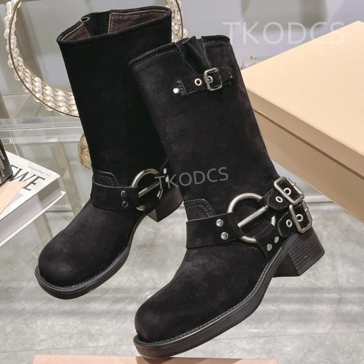 Stivali lunghi da donna in pelle scamosciata di mucca Stivaletti alti al ginocchio con fibbia in metallo Punta tonda Stivali con