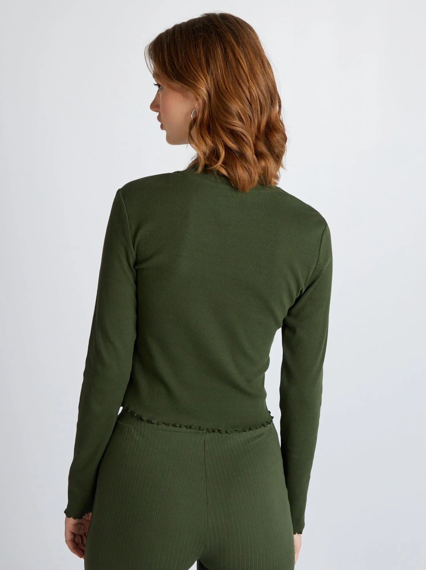 T-shirt a coste con collo alto - VERDE