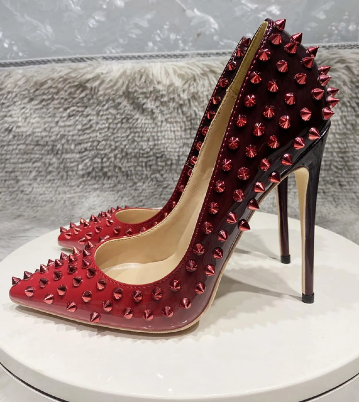 Tikicup Sfumato Nero Rosso Donna Spikes Punta a punta Tacco alto Scarpe da festa 8cm 10cm 12cm Slip On Décolleté a spillo con bo