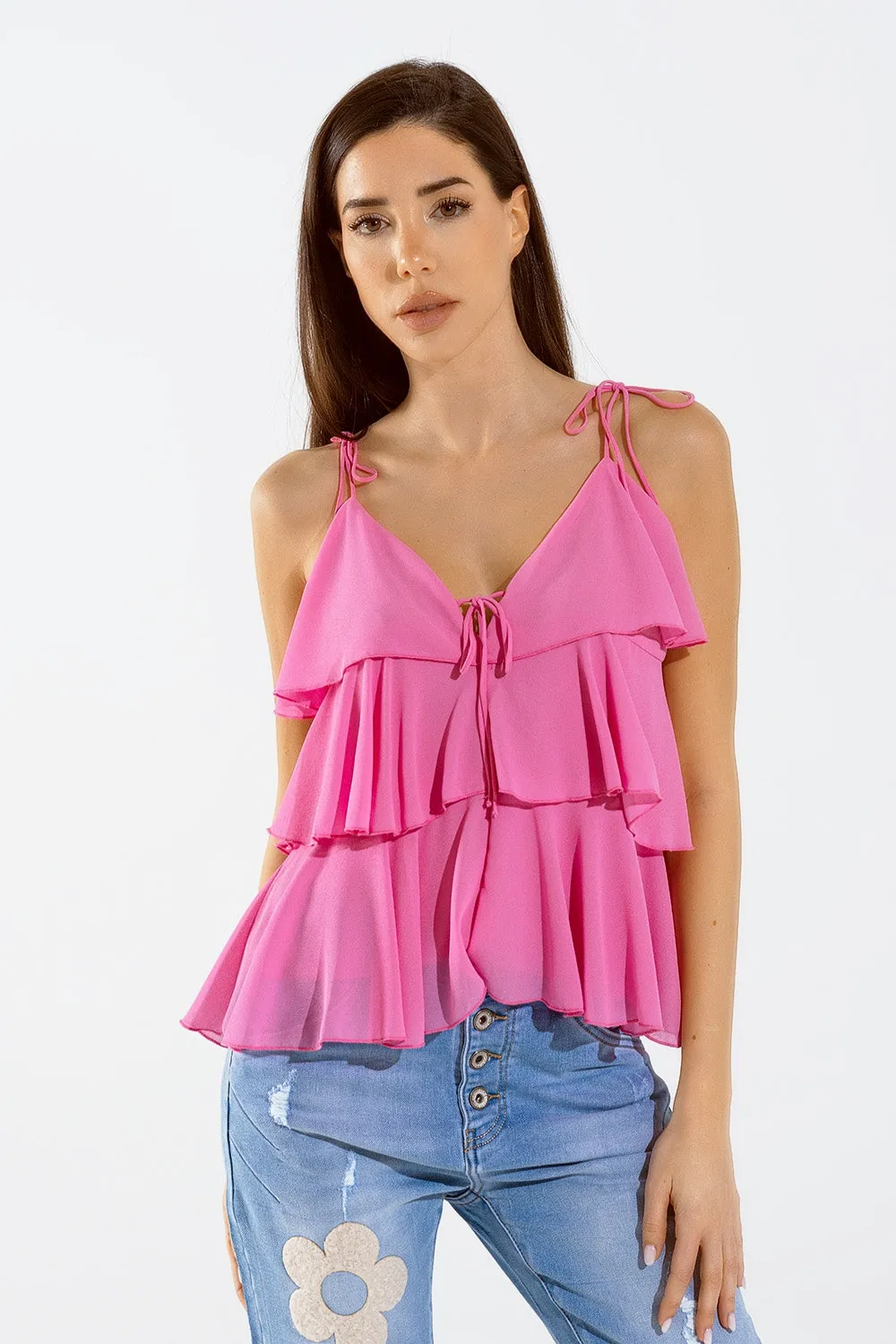 Top con volant con spalline sottili in fucsia