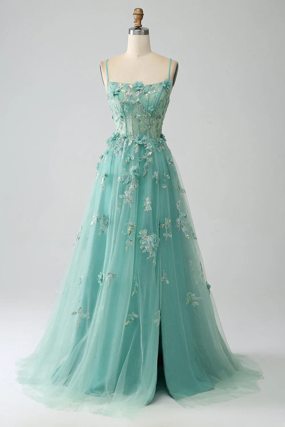 Verde A-Line Spaghetti Straps lungo Corsetto Prom Dress con Appliques