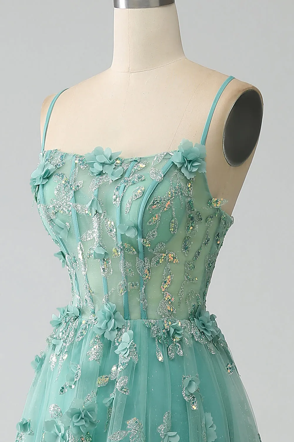 Verde A-Line Spaghetti Straps lungo Corsetto Prom Dress con Appliques