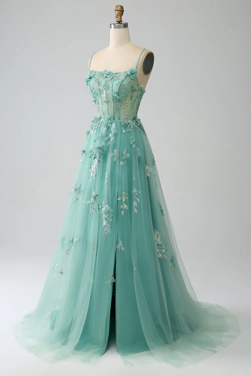 Verde A-Line Spaghetti Straps lungo Corsetto Prom Dress con Appliques