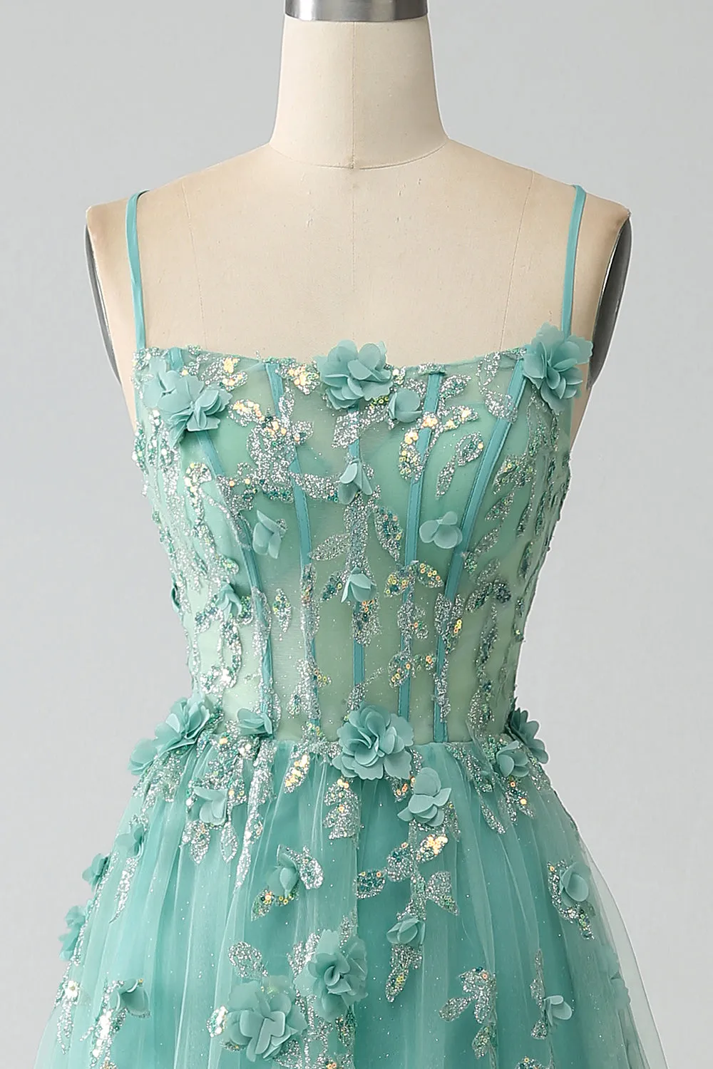 Verde A-Line Spaghetti Straps lungo Corsetto Prom Dress con Appliques
