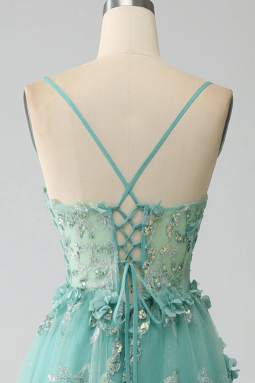 Verde A-Line Spaghetti Straps lungo Corsetto Prom Dress con Appliques