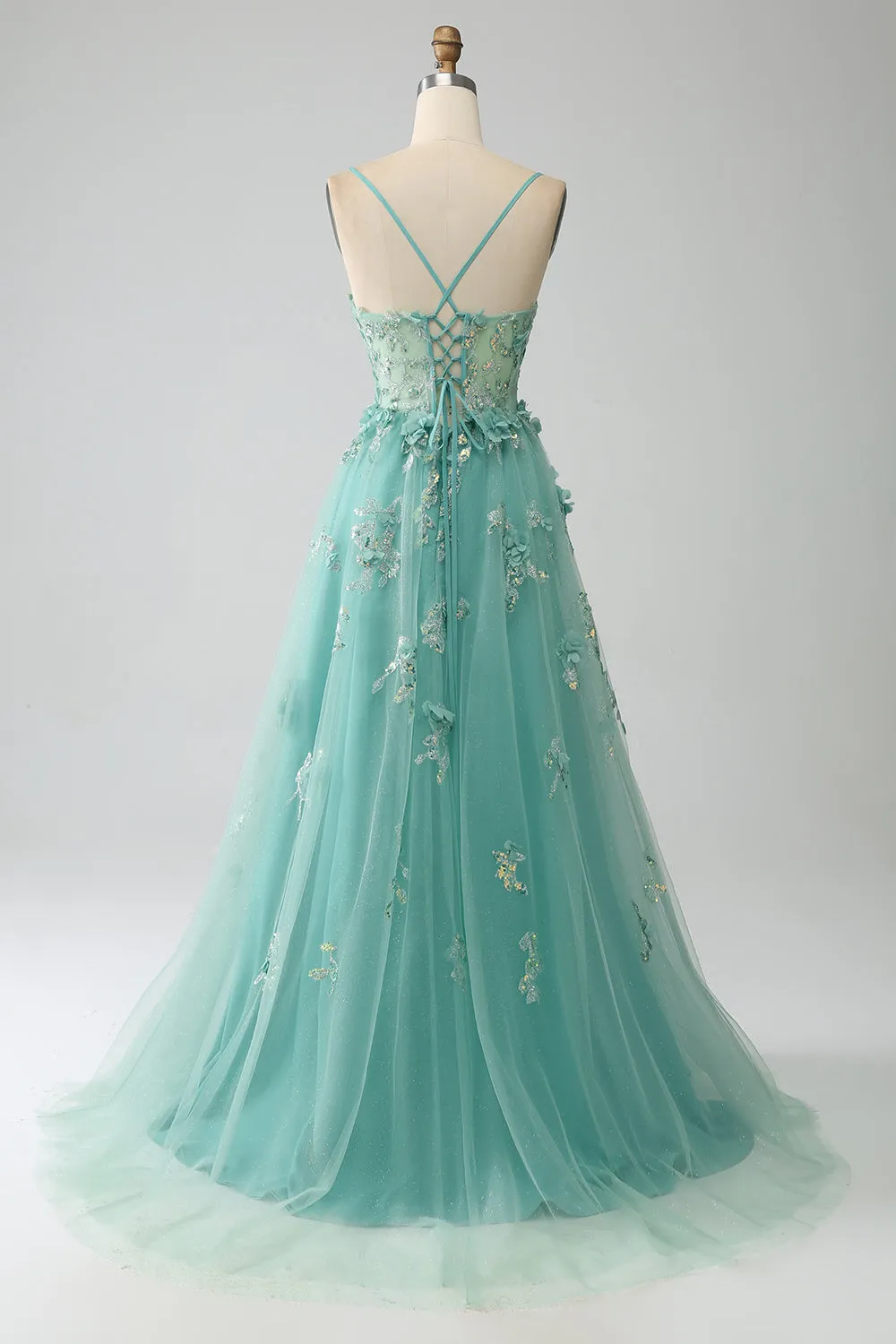 Verde A-Line Spaghetti Straps lungo Corsetto Prom Dress con Appliques