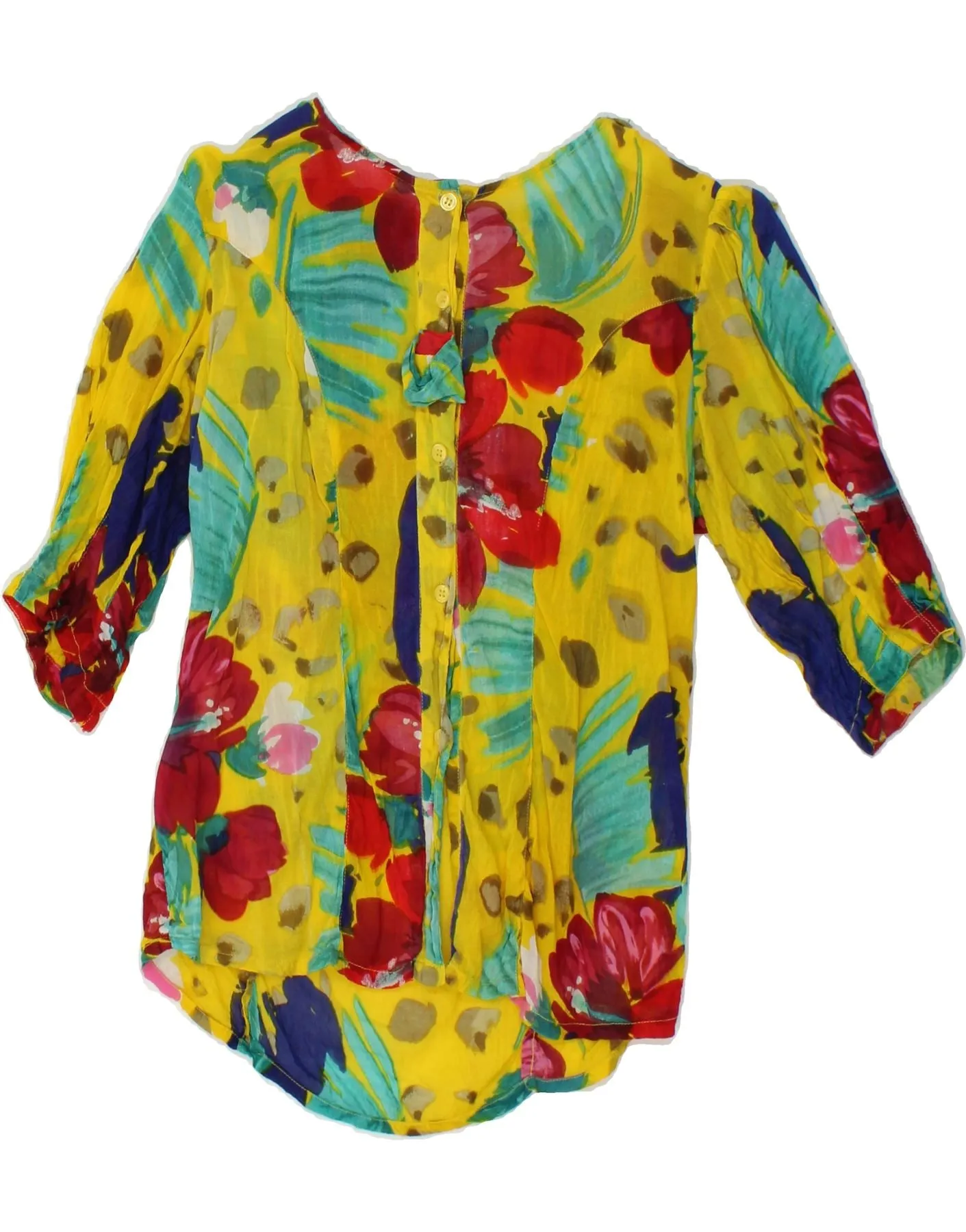 VINTAGE Womens 1/2 Sleeve Blouse Top UK 12 Medium Yellow Floral Cotton