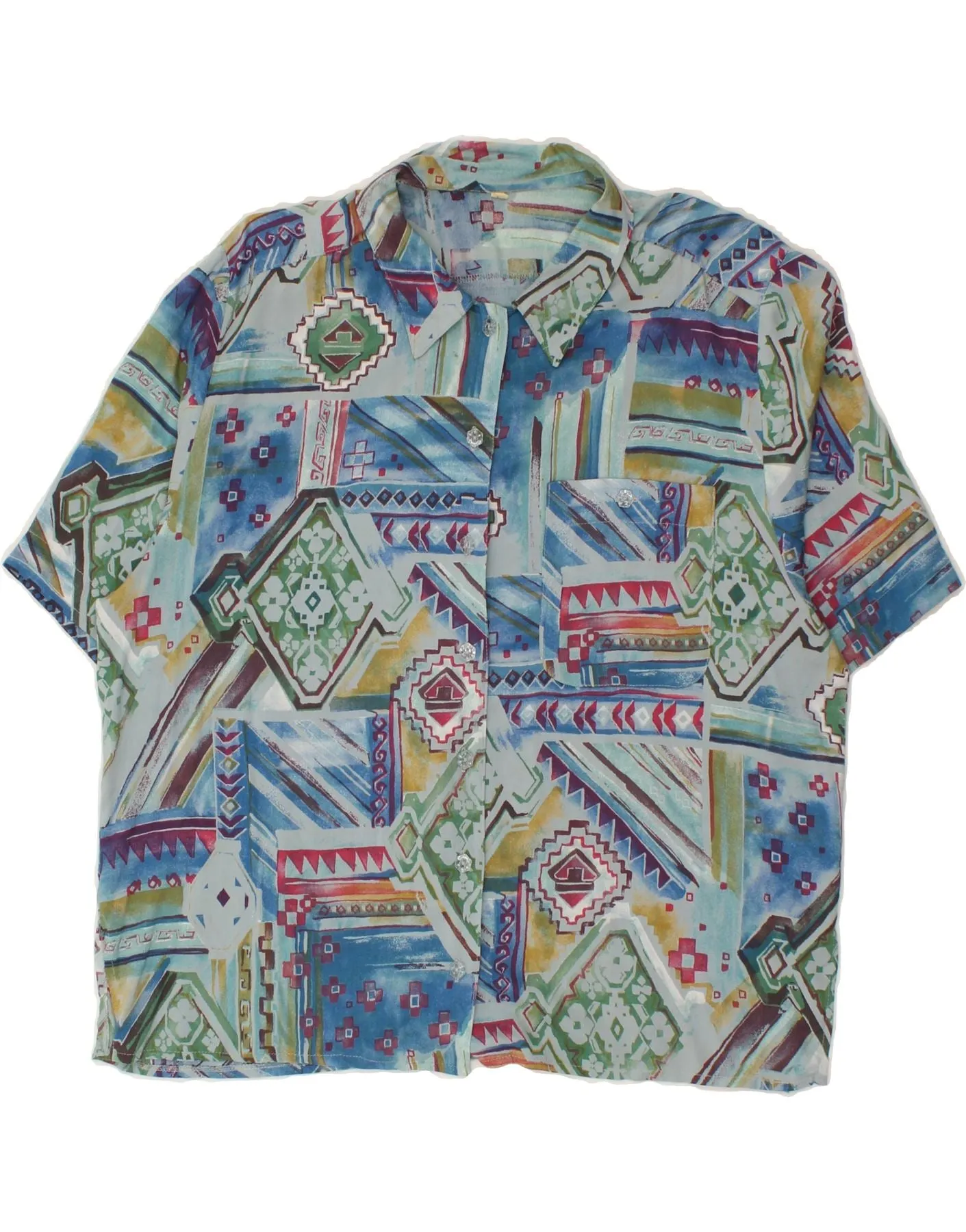 VINTAGE Womens Short Sleeve Shirt Blouse EU 40 Medium Blue Patchwork