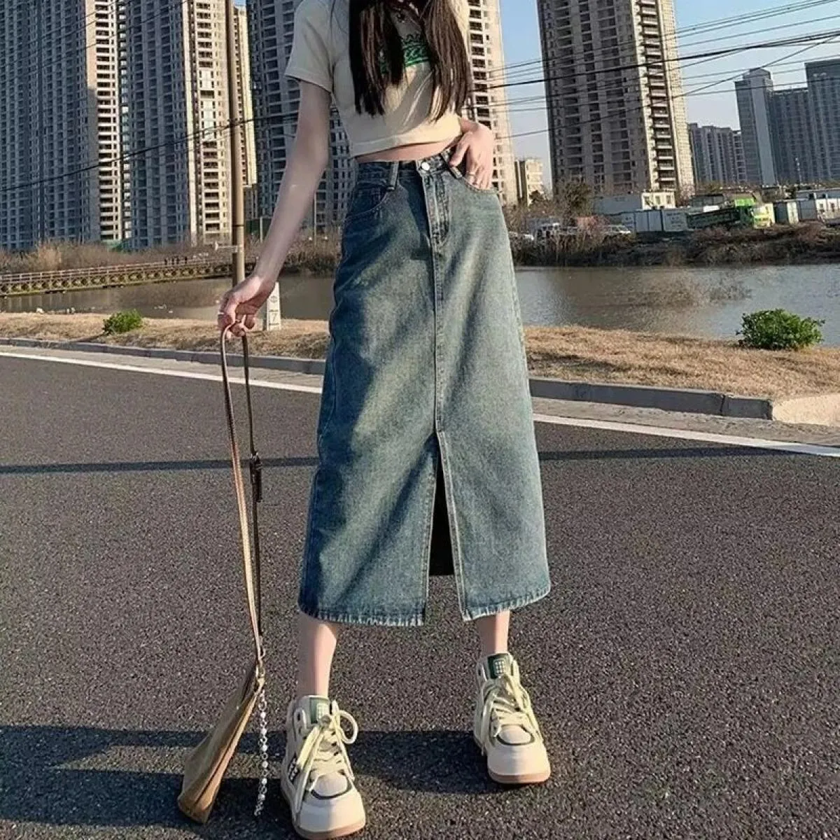 Xpqbb Gonna di jeans blu vintage per donna Gonna lunga di jeans divisa a vita alta estiva Gonna longuette streetwear moda femmin