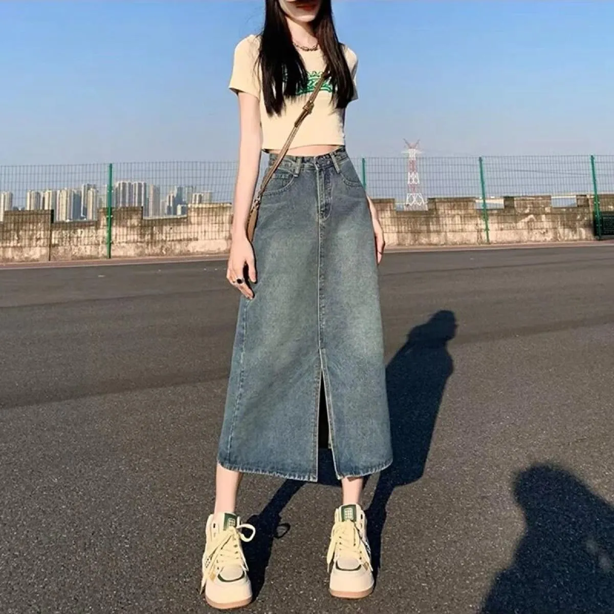 Xpqbb Gonna di jeans blu vintage per donna Gonna lunga di jeans divisa a vita alta estiva Gonna longuette streetwear moda femmin