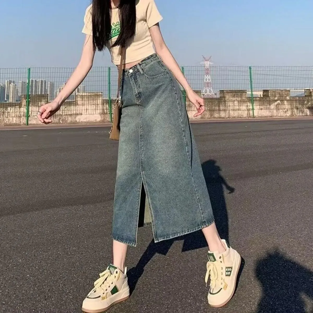 Xpqbb Gonna di jeans blu vintage per donna Gonna lunga di jeans divisa a vita alta estiva Gonna longuette streetwear moda femmin