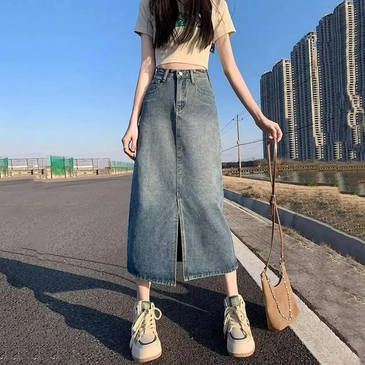 Xpqbb Gonna di jeans blu vintage per donna Gonna lunga di jeans divisa a vita alta estiva Gonna longuette streetwear moda femmin
