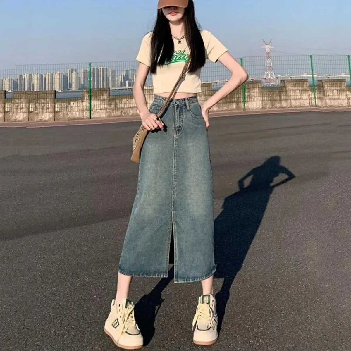 Xpqbb Gonna di jeans blu vintage per donna Gonna lunga di jeans divisa a vita alta estiva Gonna longuette streetwear moda femmin