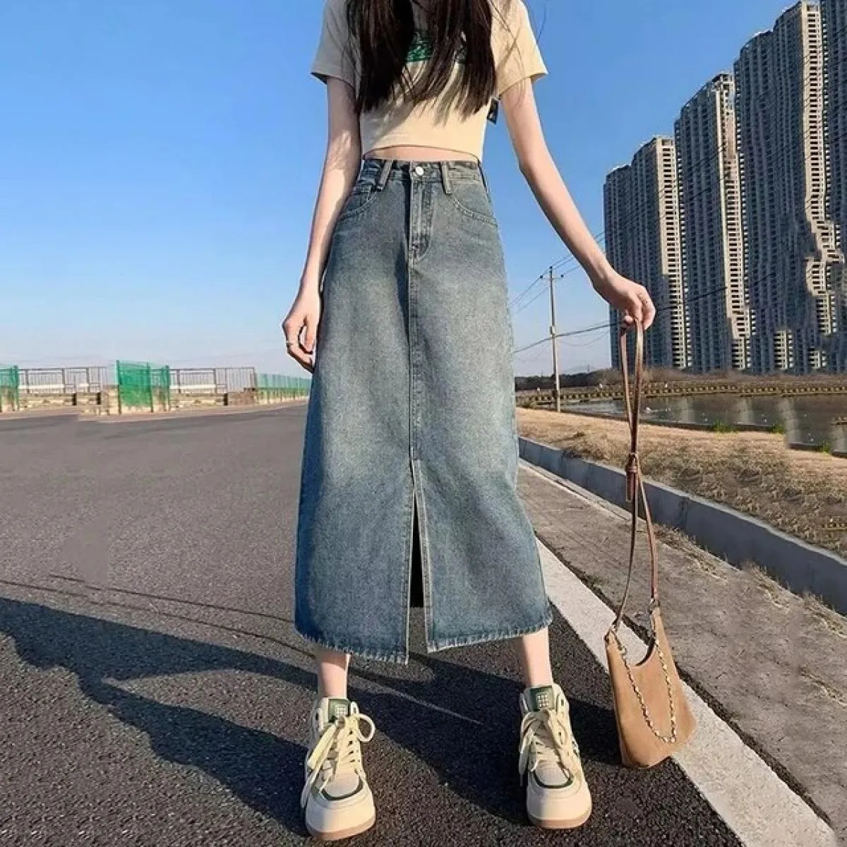 Xpqbb Gonna di jeans blu vintage per donna Gonna lunga di jeans divisa a vita alta estiva Gonna longuette streetwear moda femmin