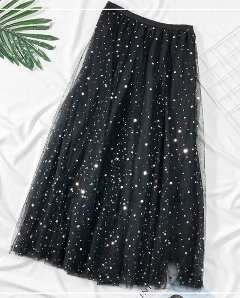 Zoki Elegante Gonna in Tulle da Donna Moda Paillettes Stella Estate Maglia da Donna Gonna Lunga Elastica a Vita Alta Gonna Bianc